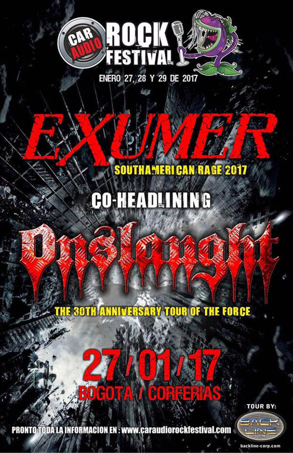 car audio rock festival concierto bogota enero banda thrash metal onslaught exumer alemania reino unido lugar corferias eventos metalzone