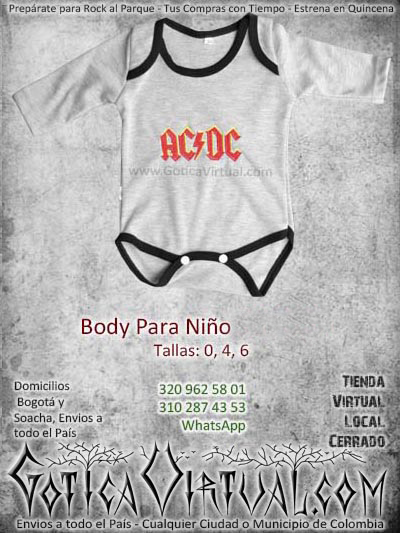 Bodi bebe rockeros gris con negro mameluco algodon AC DC envios medellin cali manizales pereira ventas por mayor