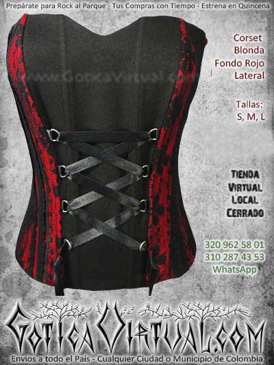 corset blonda fondo rojo lateral velo gotico metalero rockero bogota ventas online envios a todo el pais medellin cucuta neiva manizales narino cauca popayan colombia