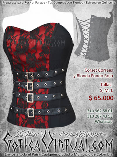 corset hebillas frontales fondo rojo cordon espalda bogota rockero metalero gotico bodega boutique ventas envios cali manizales medellin santander colombia
