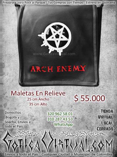 Bolso repujado arch enemy negro rojo pentagrama practico ecomico envios medellin cali manizales pasto armenia pereira narino colombia