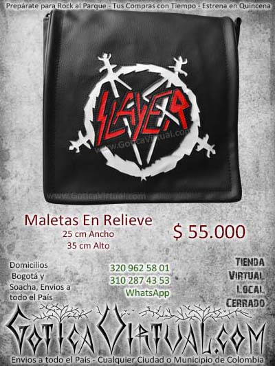 maletas bandas slayer cuero relieve repujado rock metal bolsos bogota soacha envios medellin cali manizales pereira colombia