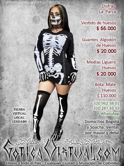 disfraz la parca huesos liguero vestido guantes botas medias domicilios bogota soacha chia funza mosquera envios medellin cali manizales